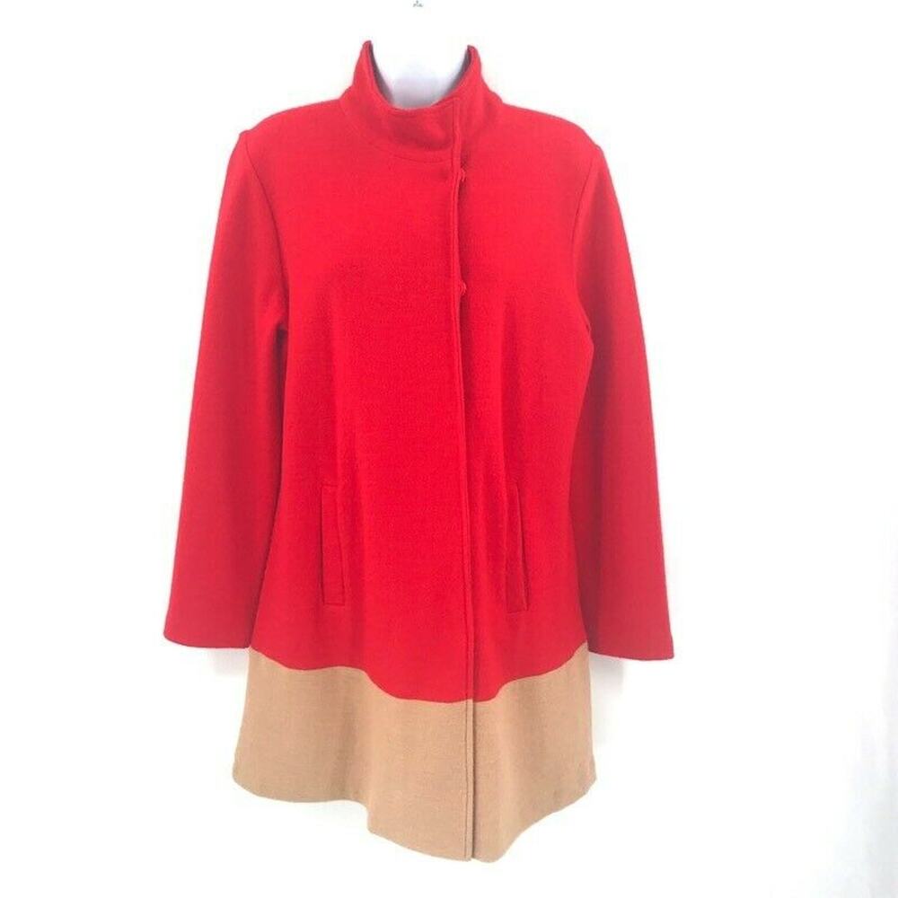 Mercer & Madison Womens Coat Red Beige Color Block Snap Pockets 100% Wool Sz M